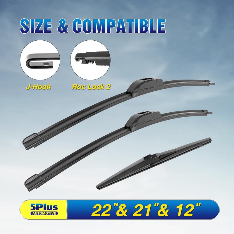 5PLUS 3 Wipers 22"/21"/12" Replacement For Dodge Durango 2020-2011, Jeep Grand Cherokee 2013-2011, 22 Inch+21 Inch Windshield Wiper Blades with 12 Inch Rear Wiper Blade - Image 2